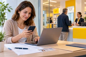Ouverture d'un compte à La Banque Postale en ligne ou en bureau de poste avec un conseiller bancaire.