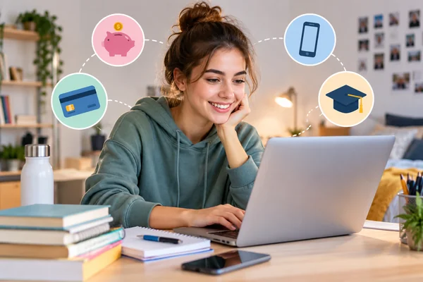 Étudiante découvrant les avantages d'une banque en ligne sur son ordinateur : économies, carte bancaire et gestion mobile.